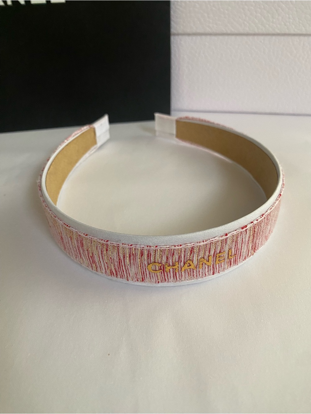 CHANEL Ribbon Pink Tweed Headband with Gold Logo